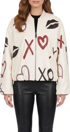 Gorski Genuine Nappa Leather Bomber Zip Jacket in White/xo Multi at Nordstrom, Size Medium