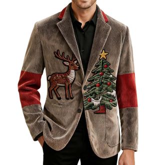 Generic Mens Christmas Blazer Corduroy Jacket Ugly Christmas Blazer Jackets Xmas Festive Costume Slim Fit Single-Breasted Suit Jacket Novelty Xmas Tuxedo Holi