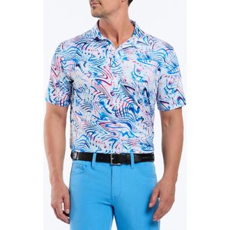 Robert Graham Wavelength Abstract Print Cotton Blend Performance Golf Polo in Blue at Nordstrom, Size Xxx-Large