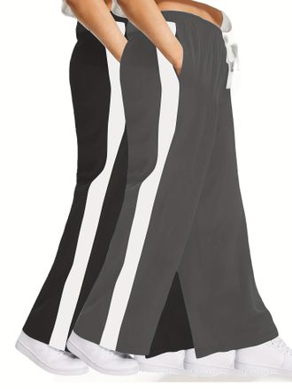 Generic Womens Wide Leg Yoga Pants with Pockets - Loose Fit Joggers with Stripe, Drawstring High Waist Sweatpants for Gym, Lounge, Travel (UK, Alpha, 3XL, Plu