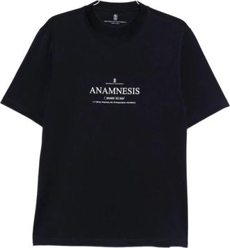 Brunello Cucinelli Tops, Heren, Blauw, M, Katoen, Navy Blue Grafische Print Katoenen T-shirt