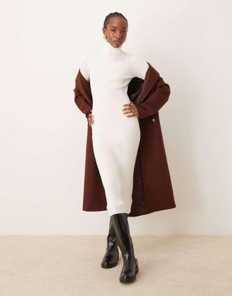 Vila Vestito midi accollato e a maniche lunghe color crema a coste-Bianco