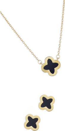 Adornia Black Inlay Clover Clover Pendant Necklace & Stud Earrings in Black/Gold at Nordstrom Rack