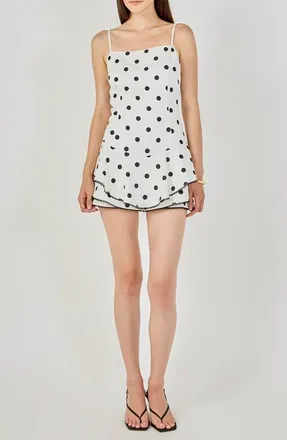endless rose Polka Dot Lace Trimmed Romper in Ivory/black at Nordstrom, Size X-Small