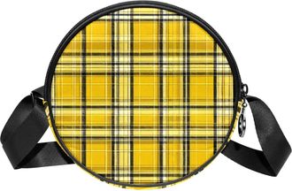 Generic Circle Crossbody Bag for Women, Yellow Retro Plaid Small Sling Bag Daypack with Zipper Adjustable Shoulder Straps Casual Ladies Girls Round Purse
