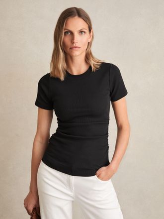 Reiss Black Stretch-cotton Ruched Ribbed T-shirt, XS
