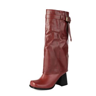 Generic Womens Chunky Heel Knight Boot with Buckle Square Toe PU Leather Long Boots Pull on Knee High Boots,Burgundy,7.5 UK
