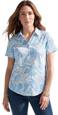 Roaman's Plus Size Kate Short Sleeve Easy Cotton Blend Button Front Shirt in Blue Folklore Paisley at Nordstrom, Size 22