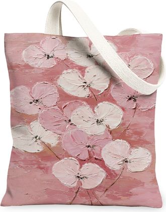 Generic Floral Canvas Tote Bag, Flower Pattern Reusable Grocery Bags, Spring Vintage Lightweight Washable Shoulder Strap Canvas Bag, Peach, 13x15 Inch