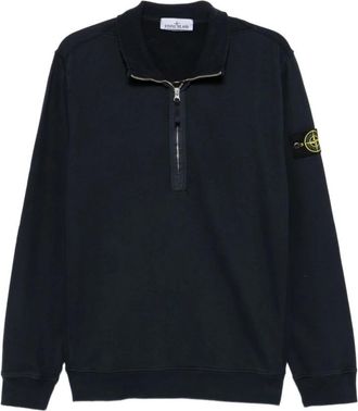 Stone Island Blauwe Rits Kraag Trui Badge - Heren - V-hals truien - Blauw - M - Katoen - Truien & Vesten