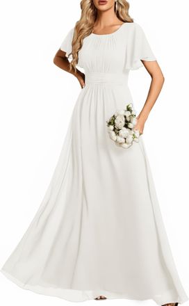 Ever-pretty Simple Chiffon Pleated A-Line Round Neckline Maxi Bridesmaid Dress White 16UK