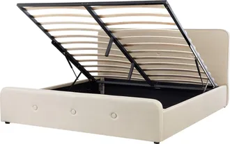 Beliani Beliani - Cama Tapizada En Tela Beige 180 X 200 Cm Con Almacenamiento Y Somier Patas De Madera Dise&ntilde;o Moderno Rennes