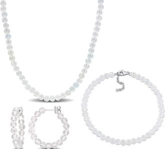Delmar Beaded White Topaz Hoop Earrings, Bracelet & Necklace Set in Silver at Nordstrom Rack