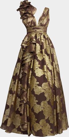 Mac Duggal Metallic Floral Brocade Ball Gown