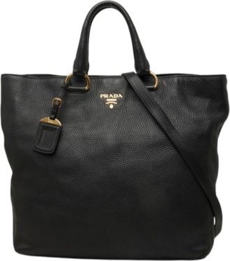 Prada Black Leather Shoulder Bag Tote Bag (Pre-Owned)