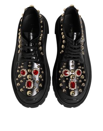 Dolce & Gabbana Womens Black Leather Jeweled Crystals Derby Shoes
