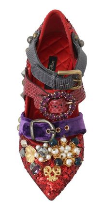 Dolce & Gabbana Womens Red Sequined Crystal Studs Heels Shoes Cotton