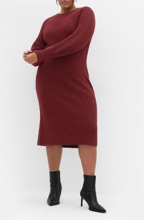 City Chic Sarah Long Sleeve Rib Sweater Midi Dress in Bordeaux at Nordstrom