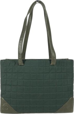 Chanel Chocolate Bar Khaki Nylon Leather Shoulder Bag Tote Bag (Pre-Owned)