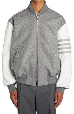 Thom Browne 4-Bar Oversize Wool & Leather Bomber Jacket in Medium Grey at Nordstrom, Size 3