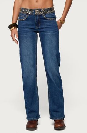 Edikted Studded Low Rise Straight Leg Jeans in Blue-Washed at Nordstrom, Size X-Large