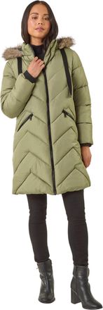 Roman Womens Petite Contrast Zip Puffer Coat - Khaki - Size 10 UK