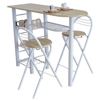 Dupi Mesa Alta De Cocina Office Estilo N&oacute;rdico En Blanco Y Madera Clara Con 2 Taburetes Plegables 40x88x120 Cm