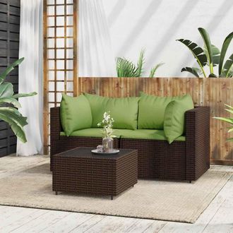 vidaXL Set Muebles De Jard&iacute;n 3 Piezas Y Cojines Rat&aacute;n Sint&eacute;tico Marr&oacute;n Vidaxl