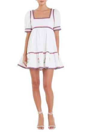 English Factory Embroidered Puff Sleeve Cotton Babydoll Dress in Ivory Multi at Nordstrom Rack, Size Medium