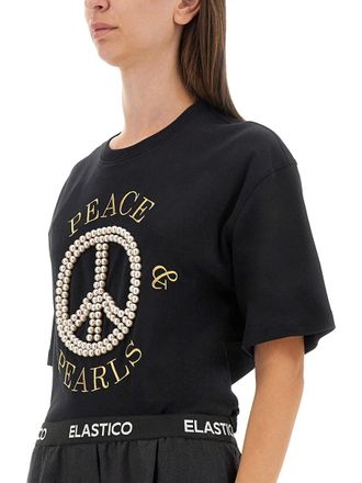 Moschino Logo-Embroidered Cropped T-Shirt - Black