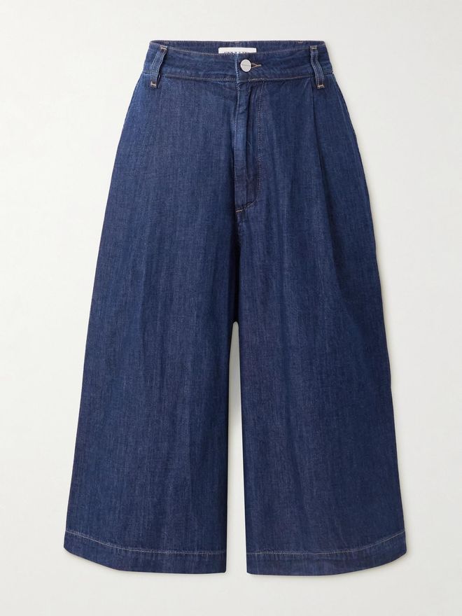 Pantaloni Culotte In Denim Con Pinces - Blu