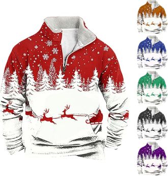 Generic Mens 1/4 Zip Christmas Sweatshirt Xmas Tree Pullover Ugly Christmas Jumper Long Sleeve Sweater Fleece Stand Collar Sweatshirts Reindeer Snowflakes Pri