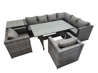 Fimous 8 Seater Patio Dining Corner Sofa Sets with 2 Chairs Side Table in Dark Grey