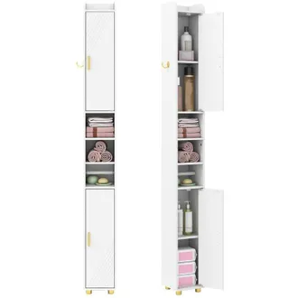 Costway Piedistallo alto per bagno, Mobiletto stretto con 2 ante e ripiani regolabili, Gancio laterale, Scomparti, Moderno, Bianco