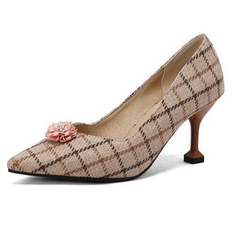 Generic MiaZane Womens Pointed Toe Kitten Heel Pumps Floral Embellishment Slip On Court Shoes for Wedding Guest & Evening Reception Soft PU,Plaid,6.5 UK