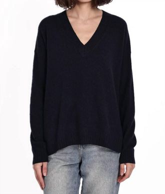 Minnie Rose Long & Lean V Neck Sweater In Navy