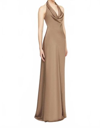 Halston Heritage Sid Satin Halter Gown With Crystals In Sandstone
