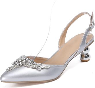 Minitoo Womens Slingback Wedding Shoes Low Heel Formal Evening Prom Pumps H011 Silver Applique UK 5