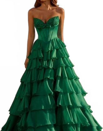 Sherri Hill 57586 Strapless Silk Corset Chiffon Ruffle Skirt Ballgown Dress In Emerald