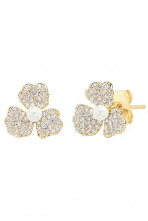 Tai Jewelry Womens Triple Petal Pave And Pearl Studs In Gold