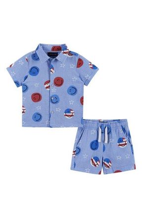 Andy & Evan Print Cotton Seersucker Button-Up Shirt & Shorts Set in Blue America at Nordstrom, Size 12-18M