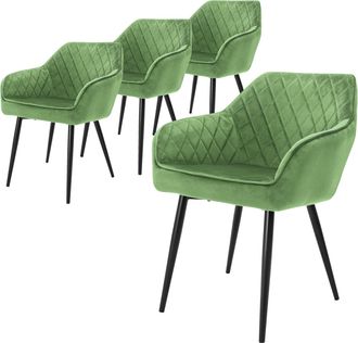 ML Design Ml-design - Set 4x Sillas De Comedor Verde Salvia Estilo Moderno Asiento Tapizado Aspecto De Terciopelo Patas De Metal Negras Con Respaldo Y Apoyabraz