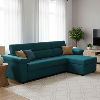 Dmora Sof&aacute; Cama Con Chaise Longue Tolle, Desenfundable, Con Almacenaje, Hecho En Italia, Hidr&oacute;fugo, Multiposici&oacute;n, 285x160 Cm Azul