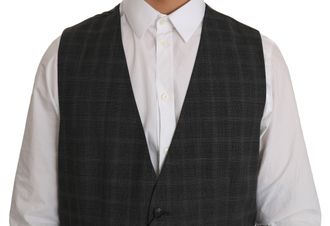 Dolce & Gabbana Gray Wool STAFF Checkered Stretch Mens Vest