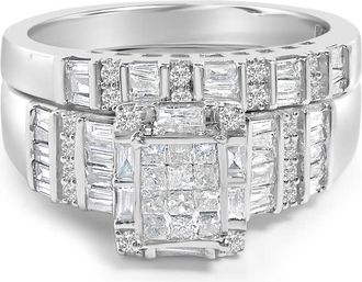 House of Brilliance Sterling Silver 1.0 Cttw Diamond Composite Head Bridal Engagement Ring Set