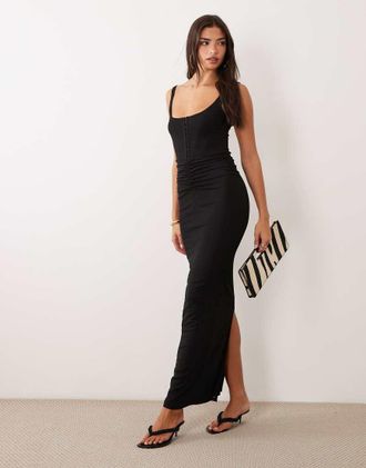 Asos vestito lungo corsetto con scollo a barchetta e chiusura a ganci e occhielli nero