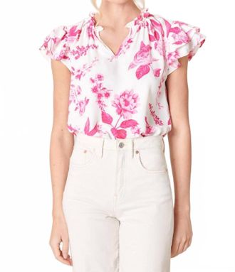 Sugarlips Clarice Floral Bellissima Ruffle Sleeve Top In White/pink