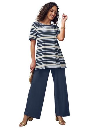 Jessica London Stretch Knit Boatneck Swing Tunic in Navy Mixed Stripe at Nordstrom, Size Medium