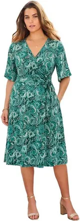 Roaman's Plus Size Short Sleeve Wrap Fit And Flare Dress in Emerald Rustic Paisley at Nordstrom, Size 36