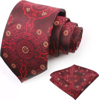 Alizeal Mens 8cm Regular Floral Pattern Tie and Hanky Unique Classic for Business Wedding Necktie Set, Burgundy+Red